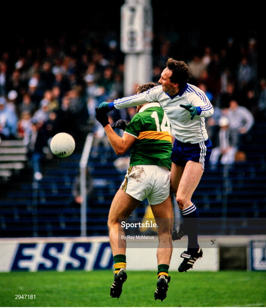 11 August 1985; Eugene Sherry of Monaghan in action against Eoin Liston of Kerry during the All-Ireland Senior Football Championship semi-final match between Kerry and Monaghan at Croke Park in Dublin. Photo by Ray McManus/Sportsfile