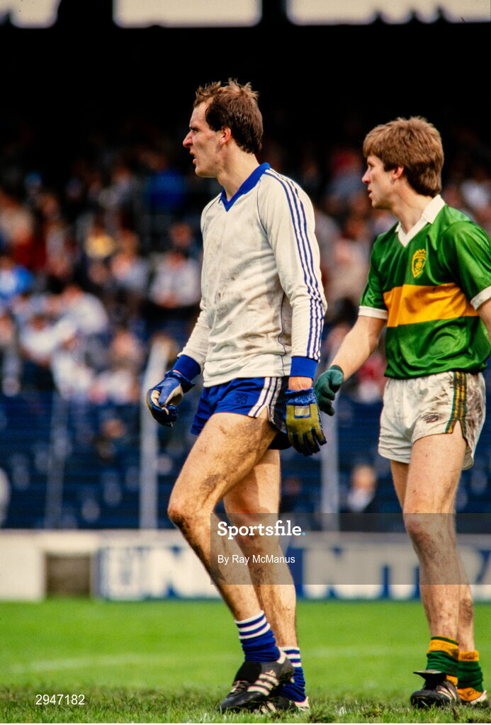11 August 1985; Eamon Murphy of Monaghan and Tom Spillane of Kerry during the All-Ireland Senior Football Championship semi-final match between Kerry and Monaghan at Croke Park in Dublin. Photo by Ray McManus/Sportsfile