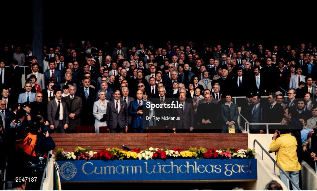 19 September 1982; The President of Ireland, Dr Patrick Hillery, front row, second from left, in the company of, from left, GAA President Paddy Buggy, An Taoiseach Charles J Haughey TD, and Cardinal Tomás Ó Fiaich as they stand for the playing of Amhrán na bhFiann before the GAA All-Ireland Senior Football Championship final between Offaly and Kerry at Croke Park in Dublin. Photo by Ray McManus/Sportsfile