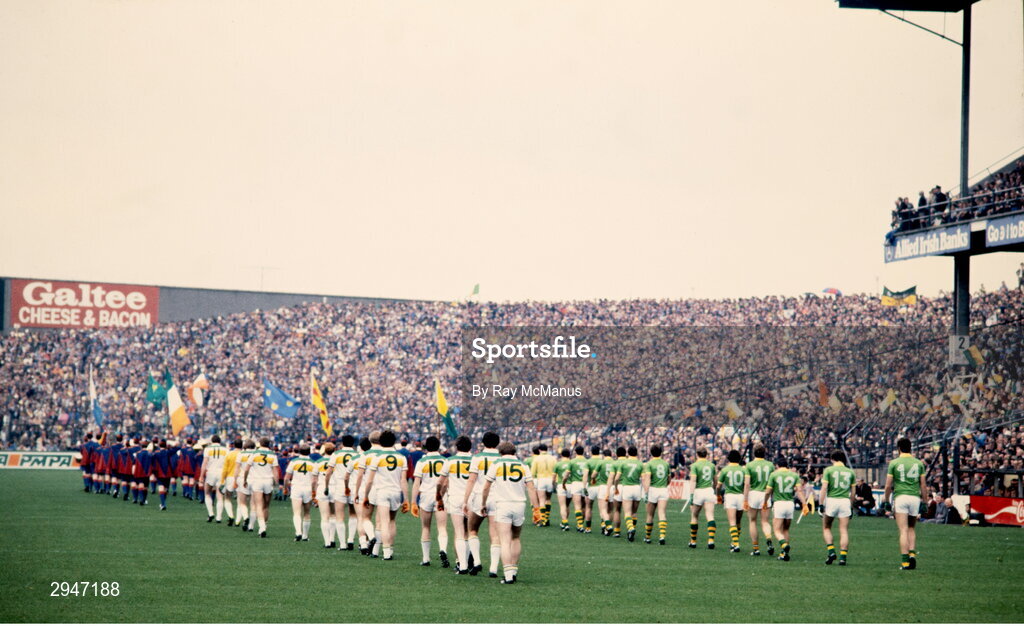 19 September 1982; The Offaly and Kerry teams walk in the pre-match parade ahead of the GAA All-Ireland Senior Football Championship final between Offaly and Kerry at Croke Park in Dublin. Photo by Ray McManus/Sportsfile