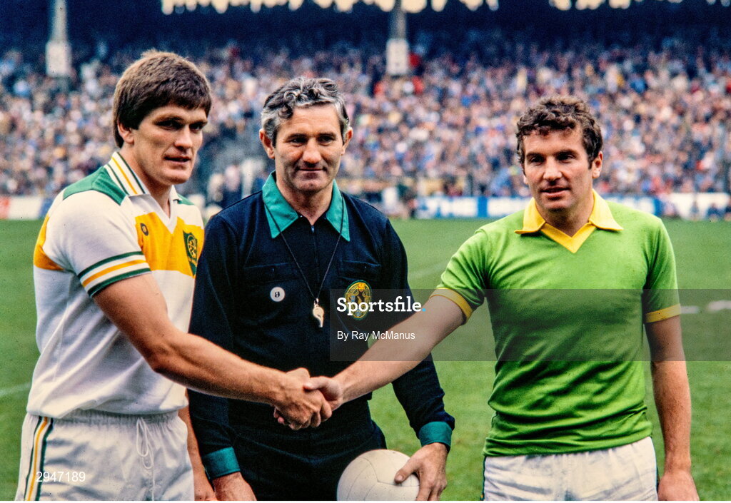 19 September 1982; Team captains, Richie Connor of Offaly, left, and John Egan of Kerry, shake hands in the company of referee PJ McGrath before the All-Ireland Football Final match between Offaly and Kerry at Croke Park, Dublin. Photo by Ray McManus/Sportsfile
