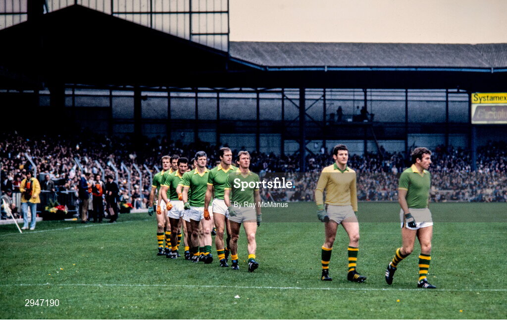 19 September 1982; Kerry captain John Egan, followed by teammates Charlie Nelligan, Ger O'Keeffe, John O'Keeffe, Paudie Lynch, walk in the pre-match parade ahead of the GAA All-Ireland Senior Football Championship final between Offaly and Kerry at Croke Park in Dublin. Photo by Ray McManus/Sportsfile