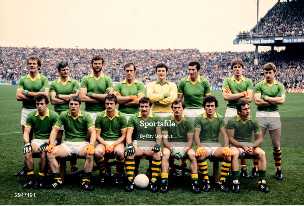 19 September 1982; The Kerry team, back row, from left, Jack O'Shea, Paudie Lynch, Eoin Liston, John O'Keeffe, Charlie Nelligan, Tim Kennelly, Tom Spillane and Sean Walsh, with, front, from left, Mikey Sheehy, Páidí Ó Sé, Tommy Doyle, John Egan, Ger O'Keeffe, Ger Power and Denis Ogie Moran, sit for a team photo before the GAA All-Ireland Senior Football Championship final between Offaly and Kerry at Croke Park in Dublin. Photo by Ray McManus/Sportsfile