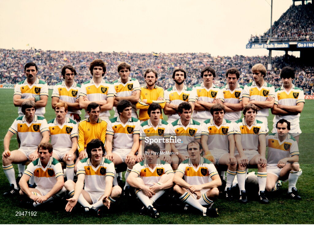 19 September 1982; The Offaly team, back row, from left Sean Lowry, Gerry Carroll, Padraig Dunne, Liam Connor, Denis Wynne, Liam Currams, Matt Connor, Liam O'Mahoney, Tomas Connor and Martin Fitzpatrick, with, middle, from left, Mick Fitzgerald, Pat Fitzgerald, Martin Furlong, team captain Richie Connor, John Guinan, Johnny Mooney, Brendan Lowry, Michael Lowry and Charlie Conroy, with, in front seated, Stephen Darby, Hugh Bolton, Seamus Darby and Aidan O'Halloran ahead the GAA All-Ireland Senior Football Championship final between Offaly and Kerry at Croke Park in Dublin. Photo by Ray McManus/Sportsfile