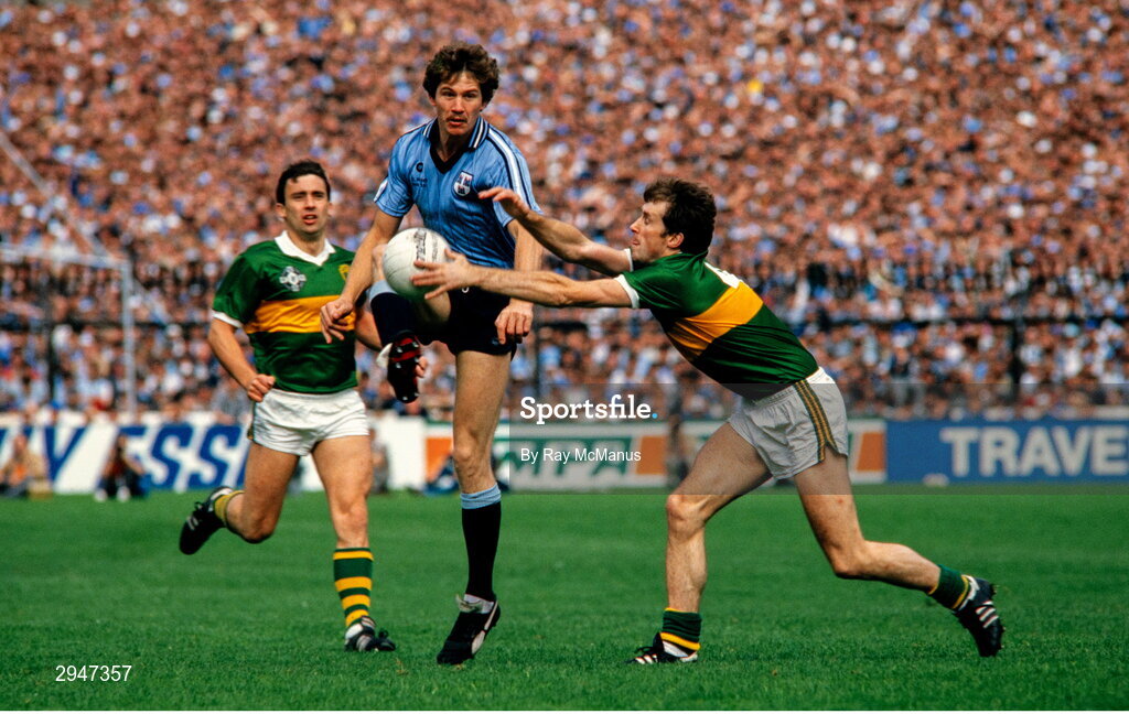 22 September 1985; John Kearns of Dublin has a shot blocked by Mick Spillane of Kerry during the All Ireland Football Championship Final match between Kerry and Dublin at Croke Park, Dublin. Photo by Ray McManus/Sportsfile
