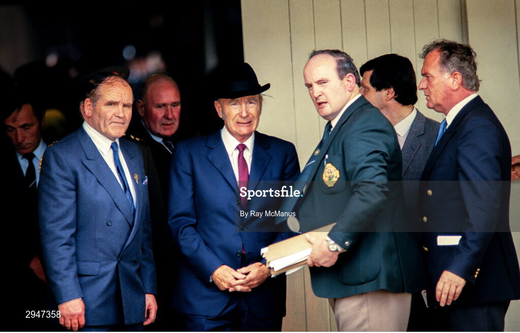 22 September 1985; The President of Ireland Dr. Patrick Hillery, second from left, with the President of the GAA Dr Mick Loftus, left, Croke Park chief steward Pat Guthrie and Pat Heneghan,right,  before the All Ireland Football Championship Final match between Kerry and Dublin at Croke Park, Dublin. Photo by Ray McManus/Sportsfile