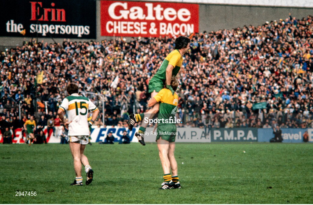 20 September 1981; Kerry players Paudie Lynch and Jimmy Deenihan celebrate at the final whistle as Brendan Lowry of Offaly looks on in the All-Ireland Senior Football Championship Final match between Kerry and Offaly at Croke Park in Dublin. Photo by Ray McManus/Sportsfile