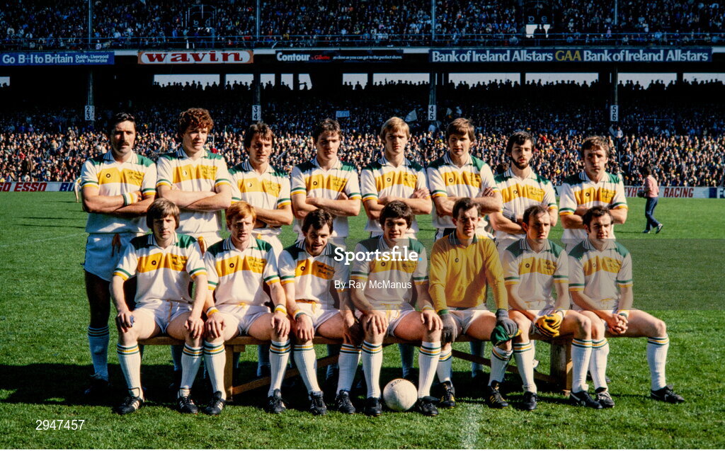 20 September 1981; The Offaly team, back row, from left, Sean Lowry, Pádraig Dunne, Gerry Carroll, Matt Connor, Tomás Connor, Liam Connor, Liam Currams and Brendan Lowry with front, from left, Mick Fitzgerald, Pat Fitzgerald, Vincent Henry, Richie Connor, Martin Furlong, Aidan O'Halloran and Charlie Conroy before the All-Ireland Football Final match between Kerry and Offaly at Croke Park in Dublin. Photo by Ray McManus/Sportsfile