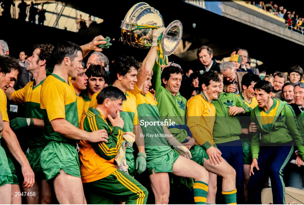 20 September 1981; Kerry captain Jimmy Deenihan, centre, alongside teammates Páidí Ó Sé, Denis Ogie Moran, Tommy Doyle, kitman Leo Griffin, Ger Power, Paud O'Mahony, Charlie Nelligan, Ger Lynch and Pat Sheehan, lifts the Sam Maguire Cup following victory in the All-Ireland Football Final match between Kerry and Offaly at Croke Park in Dublin. Photo by Ray McManus/Sportsfile