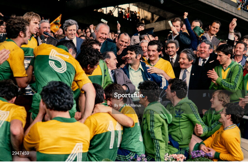 20 September 1981; Kerry captain Jimmy Deenihan, second from left, make his captain's speech, in the company of An Taoiseach Garrett Fitzgerald TD, GAA president Paddy McFlynn, teammates including Jack O'Shea, Páidí Ó'Sé, Ger Power, Tommy Doyle, Murt Galvin, manager Mick O'Dwyer, Tim Kennelly, Kerry County Board Chairman Frank King, Ger Lynch and Charlie Nelligan,  following victory in the All-Ireland Senior Football Championhip Final match between Kerry and Offaly at Croke Park in Dublin. Photo by Ray McManus/Sportsfile