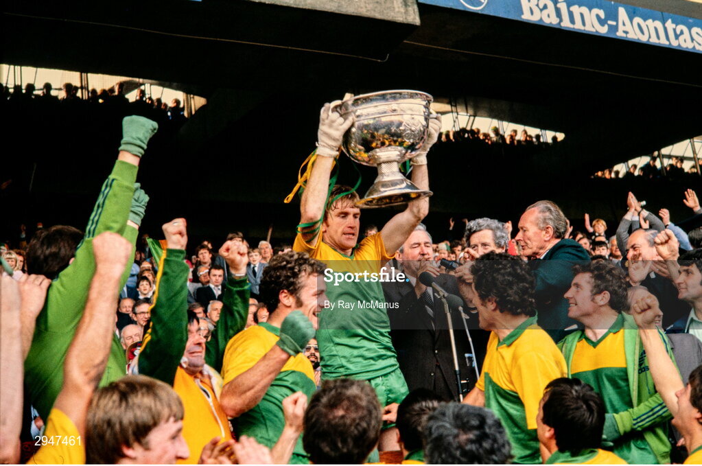 20 September 1981; Kerry captain Jimmy Deenihan, centre, alongside teammates Jack O'Shea, Ger Power, and John Egan, lifts the Sam Maguire Cup following victory in the All-Ireland Football Final match between Kerry and Offaly at Croke Park in Dublin. Photo by Ray McManus/Sportsfile