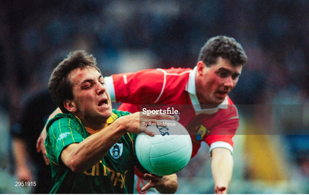 16 September 1990; Brendan Reilly of Meath in action against Michael McCarthy of Cork during the All-Ireland Senior Football Championship final between Cork and Meath at Croke Park in Dublin. Photo by Ray McManus/Sportsfile
