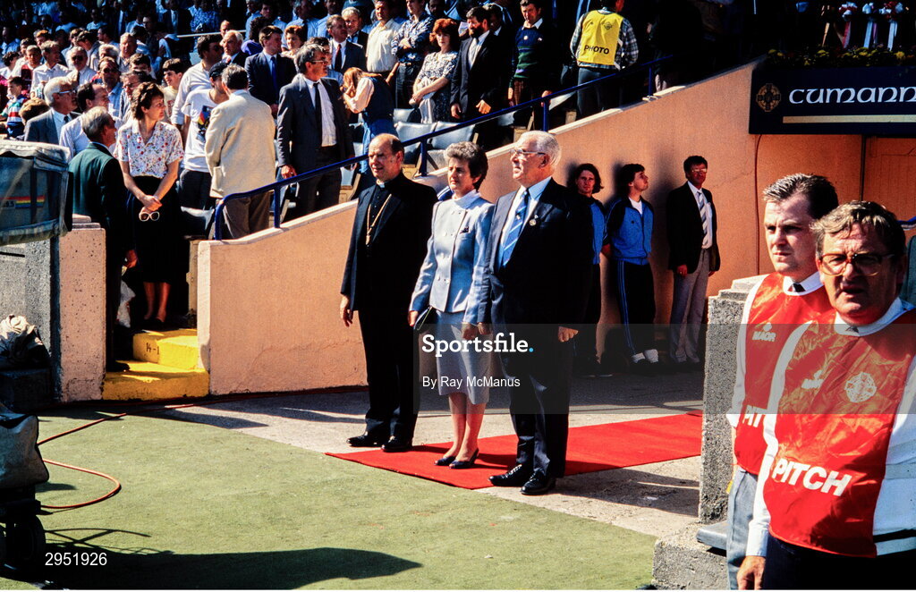 16 September 1990; Archbishop Dermot Clifford, left, and the president of the Gaelic Athletic Association John Dowling witch his wife Mae before the All-Ireland Senior Football Championship Final match between Cork and Meath at Croke Park in Dublin. Photo by Ray McManus/Sportsfile