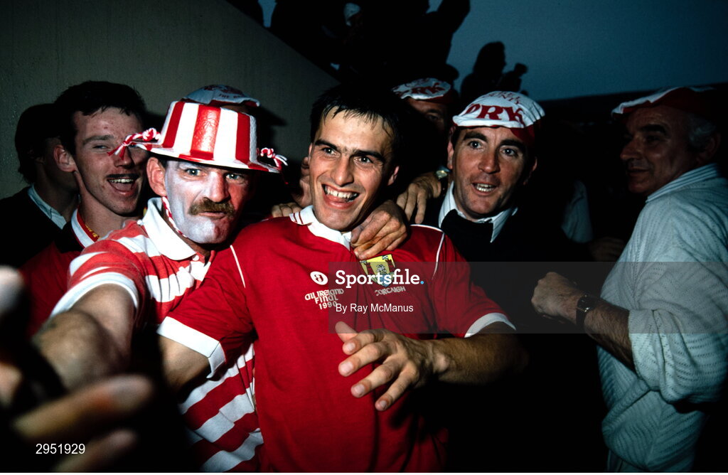 16 September 1990; Tony Nation of Cork celebrates with supporters after the All-Ireland Senior Football Championship final between Cork and Meath at Croke Park in Dublin. Photo by Ray McManus/Sportsfile