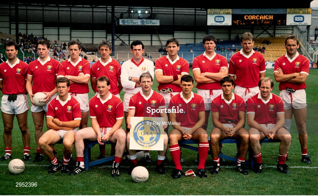 12 August 1990; The Cork team, back row from left, Mick Slocum, Stephen O'Brien, Barry Coffey, Conor Counihan, John Kerins, Danny Culloty, Shay Fahy, Paddy Hayes and Colm O'Neill, with, front, from left, Paul McGrath, Niall Cahalane, Larry Tompkins, Tony Davis, Tony Nation and Dave Barry before the All-Ireland Senior Football Championship Semi-Final match between Cork and Roscommon at Croke Park in Dublin. Photo by Ray McManus/Sportsfile
