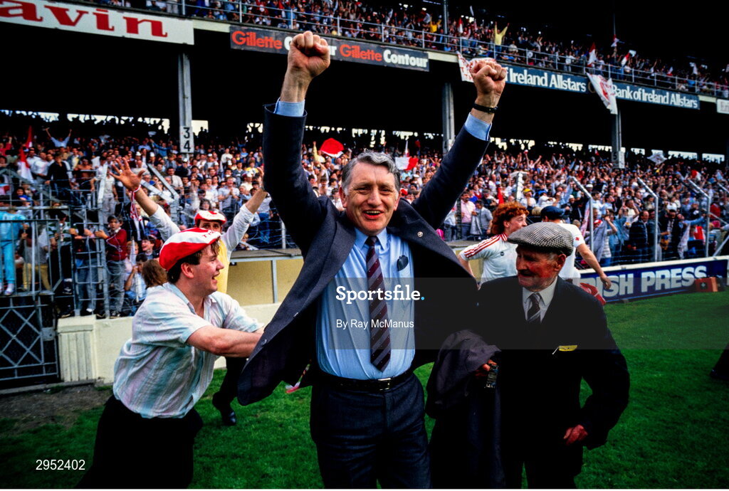 17 August 1986; Tyrone County Board chairman Jimmy Treacy celebrates after the All-Ireland Senior Football Championship Semi-Final match between Tyrone and Galway at Croke Park in Dublin. Photo by Ray McManus/Sportsfile