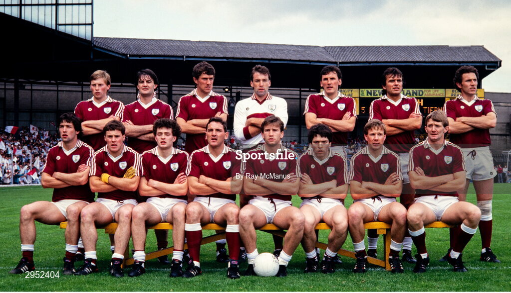 17 August 1986; The Galway team, back, from left, Gerry Dolan, Brian O'Donnell, Padraig Kelly, Pat Comer, Barry Brennan, Gay McManus, Seamus McHugh, with, front, from left, Val Daly, Pat Connelly, John Fallon, Michael Brennan, Tomas Tierney, Stephen Joyce, Enda Guerin and Brian Talty before the All-Ireland Senior Football Championship Semi-Final match between Tyrone and Galway at Croke Park in Dublin. Photo by Ray McManus/Sportsfile