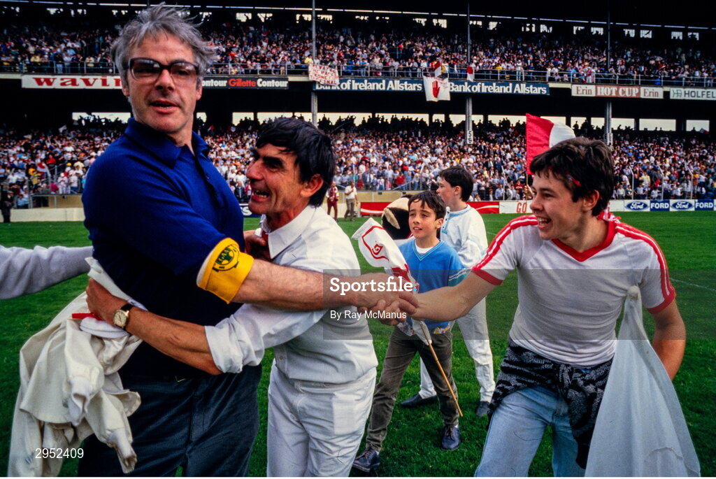 17 August 1986; Tyrone manager Art McRory, left, is congratulated after the All-Ireland Senior Football Championship Semi-Final match between Tyrone and Galway at Croke Park in Dublin. Photo by Ray McManus/Sportsfile