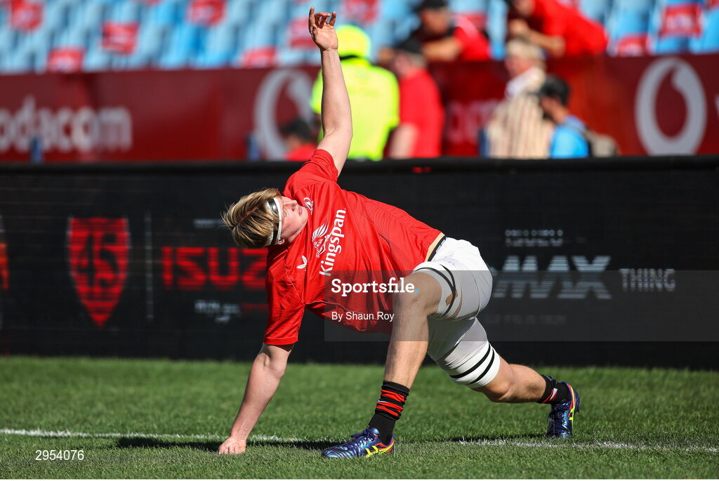 5 October 2024; Charlie Irvine of Ulster warms up before the United Rugby Championship match between Vodacom Bulls and Ulster at Loftus Versfeld Stadium in Pretoria, South Africa. Photo by Shaun Roy/Sportsfile