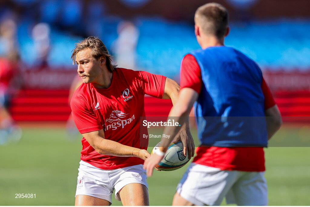 5 October 2024; Aidan Morgan of Ulster, left, warms up before the United Rugby Championship match between Vodacom Bulls and Ulster at Loftus Versfeld Stadium in Pretoria, South Africa. Photo by Shaun Roy/Sportsfile