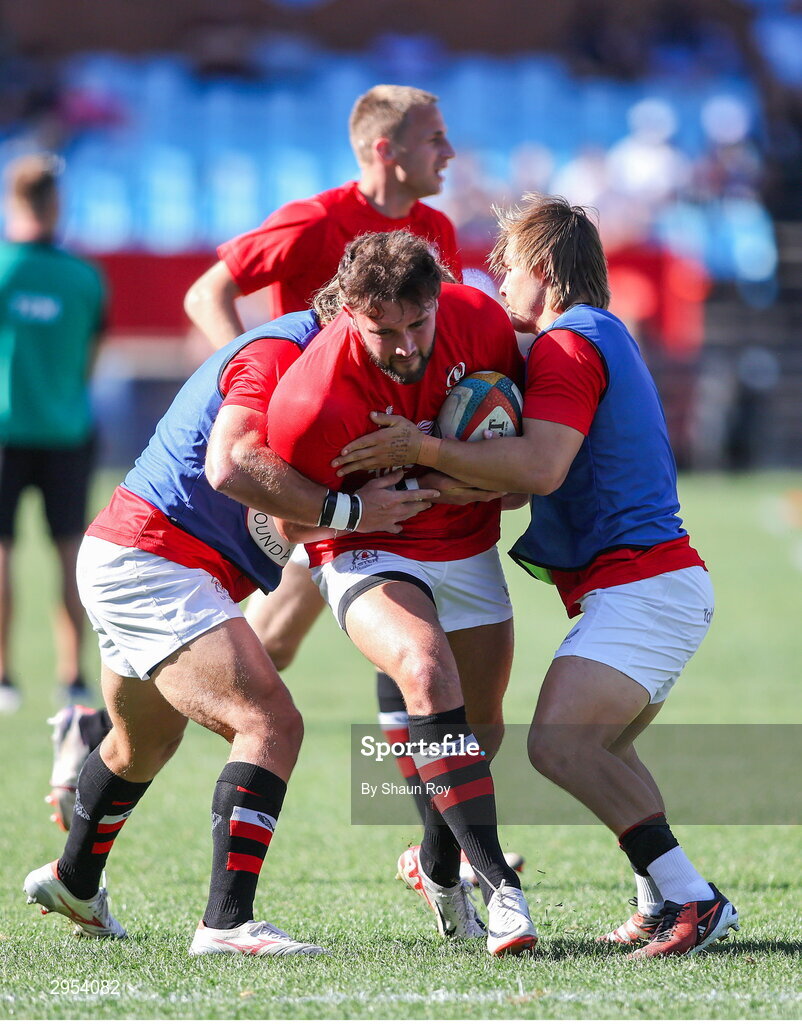 5 October 2024; Ulster players warm up before the United Rugby Championship match between Vodacom Bulls and Ulster at Loftus Versfeld Stadium in Pretoria, South Africa. Photo by Shaun Roy/Sportsfile