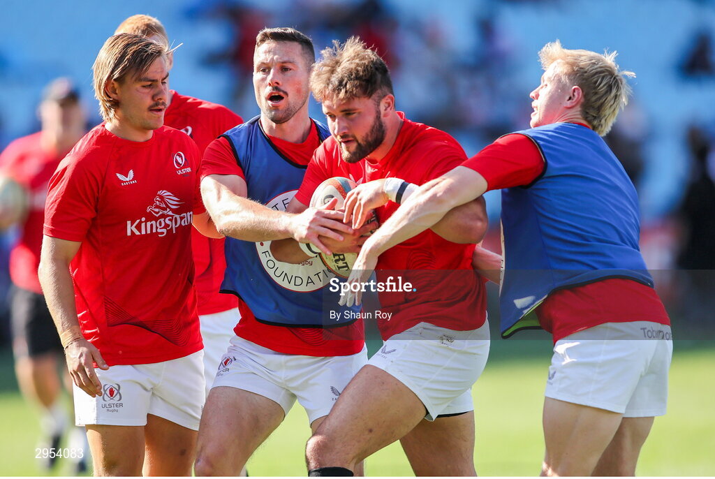 5 October 2024; Ulster players warm up before the United Rugby Championship match between Vodacom Bulls and Ulster at Loftus Versfeld Stadium in Pretoria, South Africa. Photo by Shaun Roy/Sportsfile