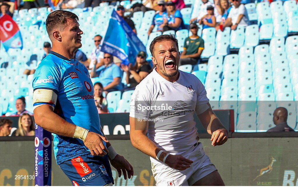 5 October 2024; Jacob Stockdale of Ulster celebrates scoring a try during the United Rugby Championship match between Vodacom Bulls and Ulster at Loftus Versfeld Stadium in Pretoria, South Africa. Photo by Shaun Roy/Sportsfile