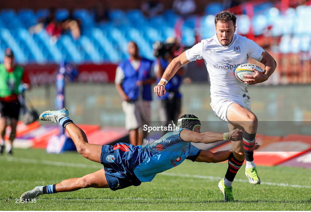 5 October 2024; Jacob Stockdale of Ulster is tackled by Kurt-Lee Arendse of Vodacom Bulls during the United Rugby Championship match between Vodacom Bulls and Ulster at Loftus Versfeld Stadium in Pretoria, South Africa. Photo by Shaun Roy/Sportsfile