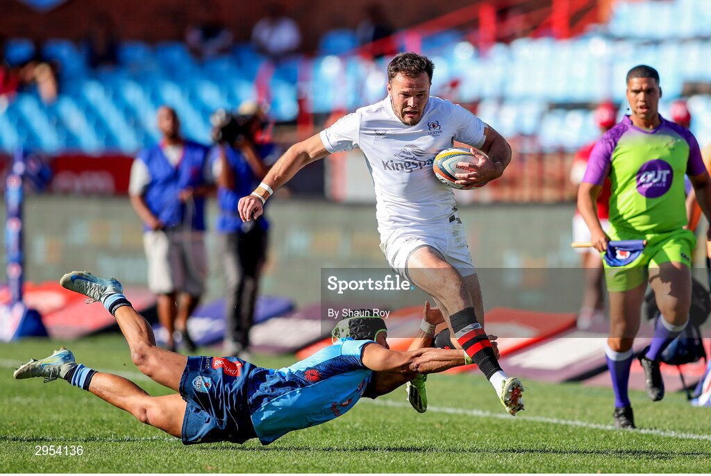 5 October 2024; Jacob Stockdale of Ulster is tackled by Kurt-Lee Arendse of Vodacom Bulls during the United Rugby Championship match between Vodacom Bulls and Ulster at Loftus Versfeld Stadium in Pretoria, South Africa. Photo by Shaun Roy/Sportsfile