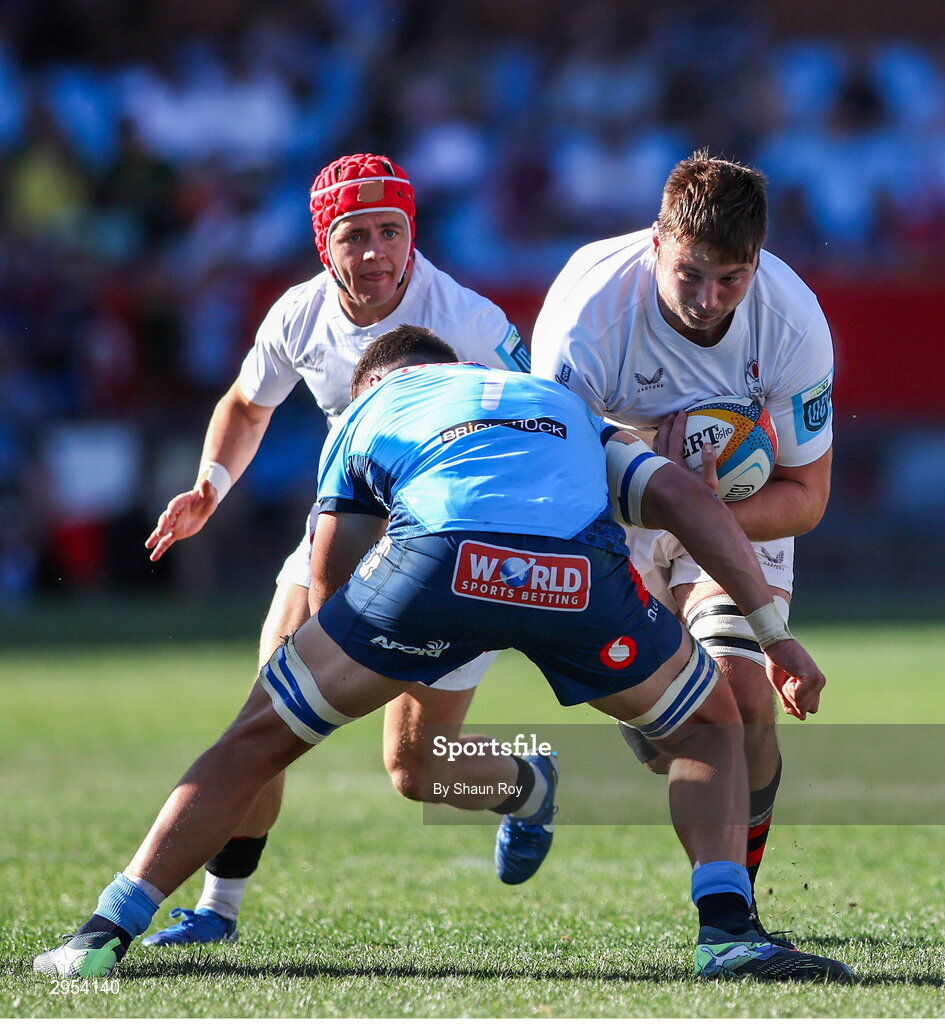 5 October 2024; Iain Henderson of Ulster attempts to get past Elrigh Louw of Vodacom Bulls during the United Rugby Championship match between Vodacom Bulls and Ulster at Loftus Versfeld Stadium in Pretoria, South Africa. Photo by Shaun Roy/Sportsfile