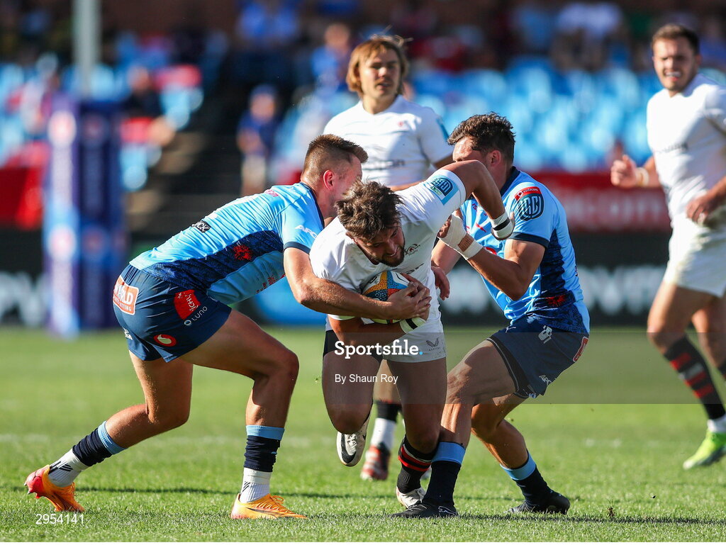 5 October 2024; Ben Carson of Ulster attempts to get past David Kriel and Boeta Chamberlain of Vodacom Bulls during the United Rugby Championship match between Vodacom Bulls and Ulster at Loftus Versfeld Stadium in Pretoria, South Africa. Photo by Shaun Roy/Sportsfile