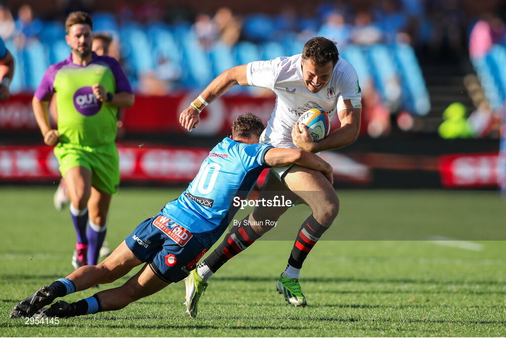 5 October 2024; Jacob Stockdale of Ulster is tackled Boeta Chamberlain of Vodacom Bulls during the United Rugby Championship match between Vodacom Bulls and Ulster at Loftus Versfeld Stadium in Pretoria, South Africa. Photo by Shaun Roy/Sportsfile