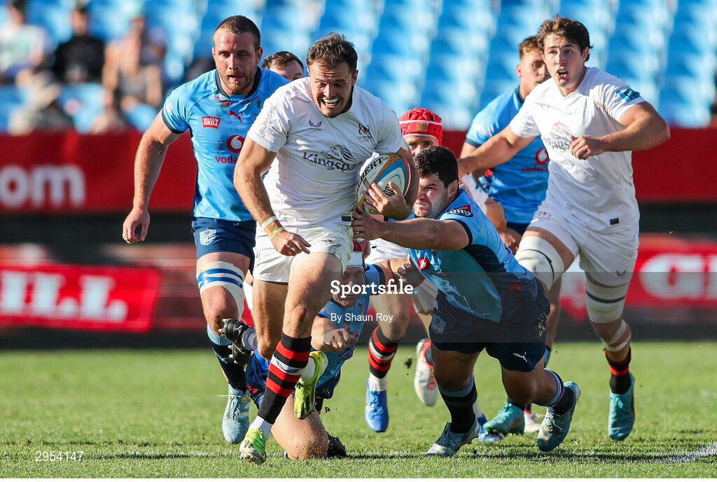 5 October 2024; Jacob Stockdale of Ulster breaks the tackle during the United Rugby Championship match between Vodacom Bulls and Ulster at Loftus Versfeld Stadium in Pretoria, South Africa. Photo by Shaun Roy/Sportsfile