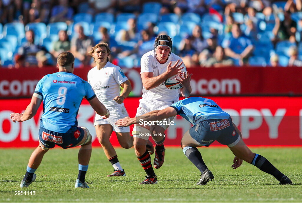 5 October 2024; James McNabney of Ulster attempts to get past Johan Grobbelaar of Vodacom Bulls during the United Rugby Championship match between Vodacom Bulls and Ulster at Loftus Versfeld Stadium in Pretoria, South Africa. Photo by Shaun Roy/Sportsfile