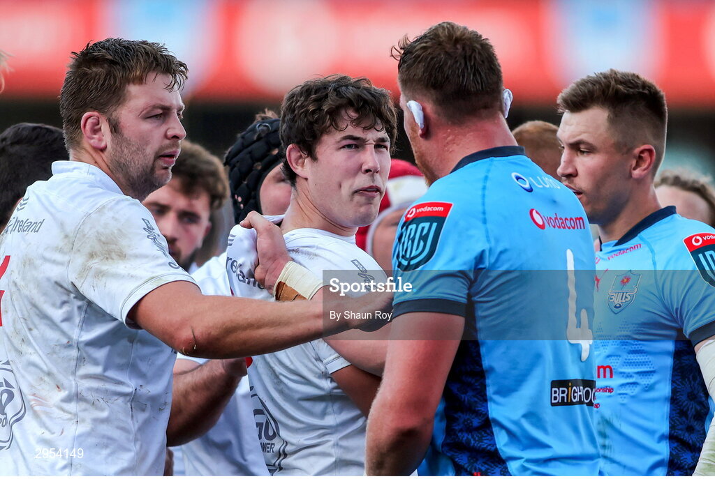 5 October 2024; Ulster captain Iain Henderson steps in as tensions rise between David McCann of Ulster and Cobus Wiese of the Vodacom Bulls during a heated exchange at the United Rugby Championship match between Vodacom Bulls and Ulster at Loftus Versfeld Stadium in Pretoria, South Africa. Photo by Shaun Roy/Sportsfile