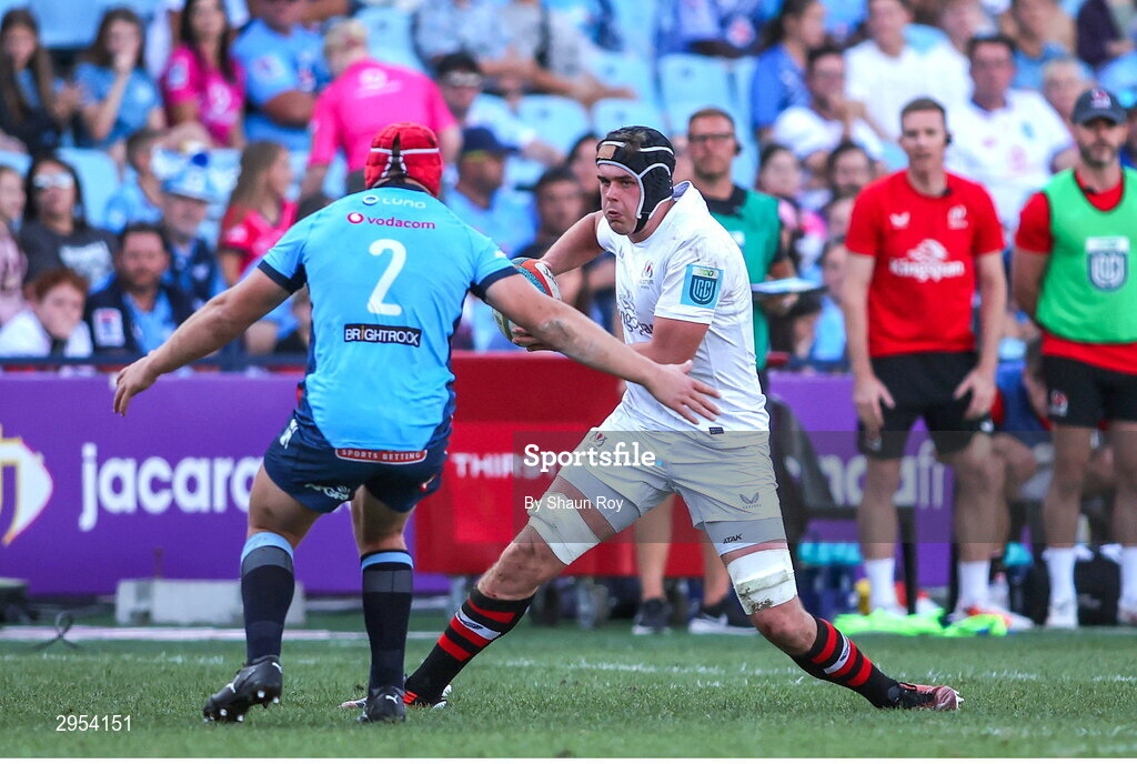 5 October 2024; James McNabney of Ulster attempts to get past Johan Grobbelaar of Vodacom Bulls during the United Rugby Championship match between Vodacom Bulls and Ulster at Loftus Versfeld Stadium in Pretoria, South Africa. Photo by Shaun Roy/Sportsfile