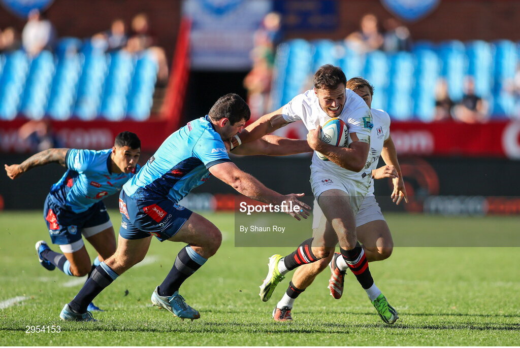 5 October 2024; Jacob Stockdale of Ulster attempts to get past Marco van Staden of Vodacom Bulls during the United Rugby Championship match between Vodacom Bulls and Ulster at Loftus Versfeld Stadium in Pretoria, South Africa. Photo by Shaun Roy/Sportsfile