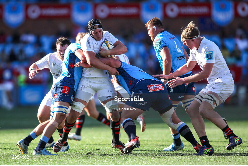 5 October 2024; James McNabney of Ulster is tackled by Cameron Hanekom and Wilco Louw of Vodacom Bulls during the United Rugby Championship match between Vodacom Bulls and Ulster at Loftus Versfeld Stadium in Pretoria, South Africa. Photo by Shaun Roy/Sportsfile