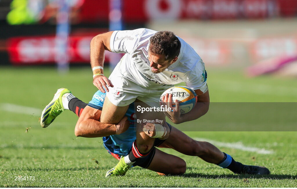 5 October 2024; Jacob Stockdale of Ulster is tackled by  Boeta Chamberlain of Vodacom Bulls during the United Rugby Championship match between Vodacom Bulls and Ulster at Loftus Versfeld Stadium in Pretoria, South Africa. Photo by Shaun Roy/Sportsfile