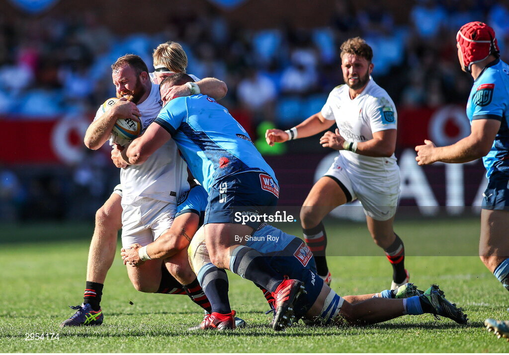 5 October 2024; Andrew Warwick of Ulster is tackled by Wilco Louw and Elrigh Louw of Vodacom Bulls during the United Rugby Championship match between Vodacom Bulls and Ulster at Loftus Versfeld Stadium in Pretoria, South Africa. Photo by Shaun Roy/Sportsfile