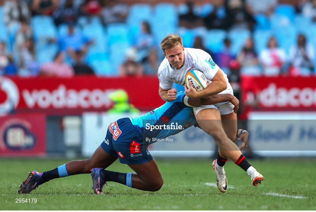 5 October 2024; Stewart Moore of Ulster is tackled by Canan Moodie of Vodacom Bulls during the United Rugby Championship match between Vodacom Bulls and Ulster at Loftus Versfeld Stadium in Pretoria, South Africa. Photo by Shaun Roy/Sportsfile