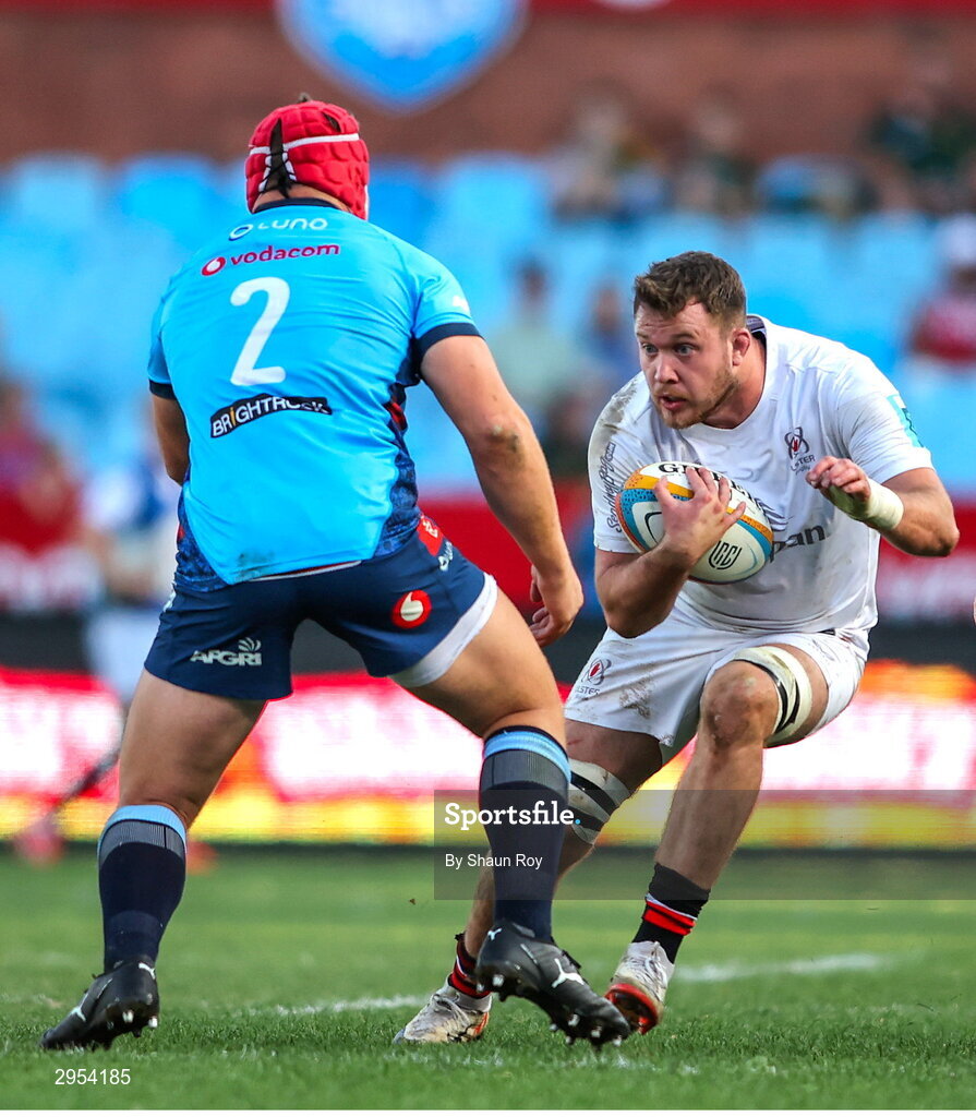 5 October 2024; Sean Reffell of Ulster attempts to get past Elrigh Louw of Vodacom Bulls  during the United Rugby Championship match between Vodacom Bulls and Ulster at Loftus Versfeld Stadium in Pretoria, South Africa. Photo by Shaun Roy/Sportsfile