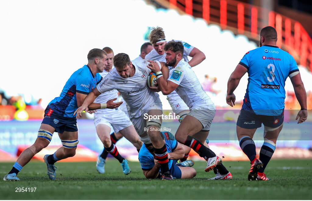 5 October 2024; Iain Henderson of Ulster attempts to slip the tackle from Vodacom Bulls defence during the United Rugby Championship match between Vodacom Bulls and Ulster at Loftus Versfeld Stadium in Pretoria, South Africa. Photo by Shaun Roy/Sportsfile