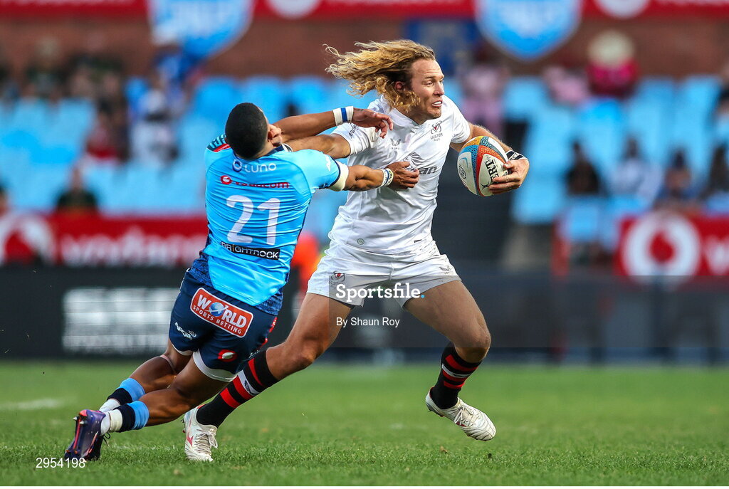 5 October 2024; Werner Kok of Ulster is tackled by Keagan Johannes of Vodacom Bulls during the United Rugby Championship match between Vodacom Bulls and Ulster at Loftus Versfeld Stadium in Pretoria, South Africa. Photo by Shaun Roy/Sportsfile