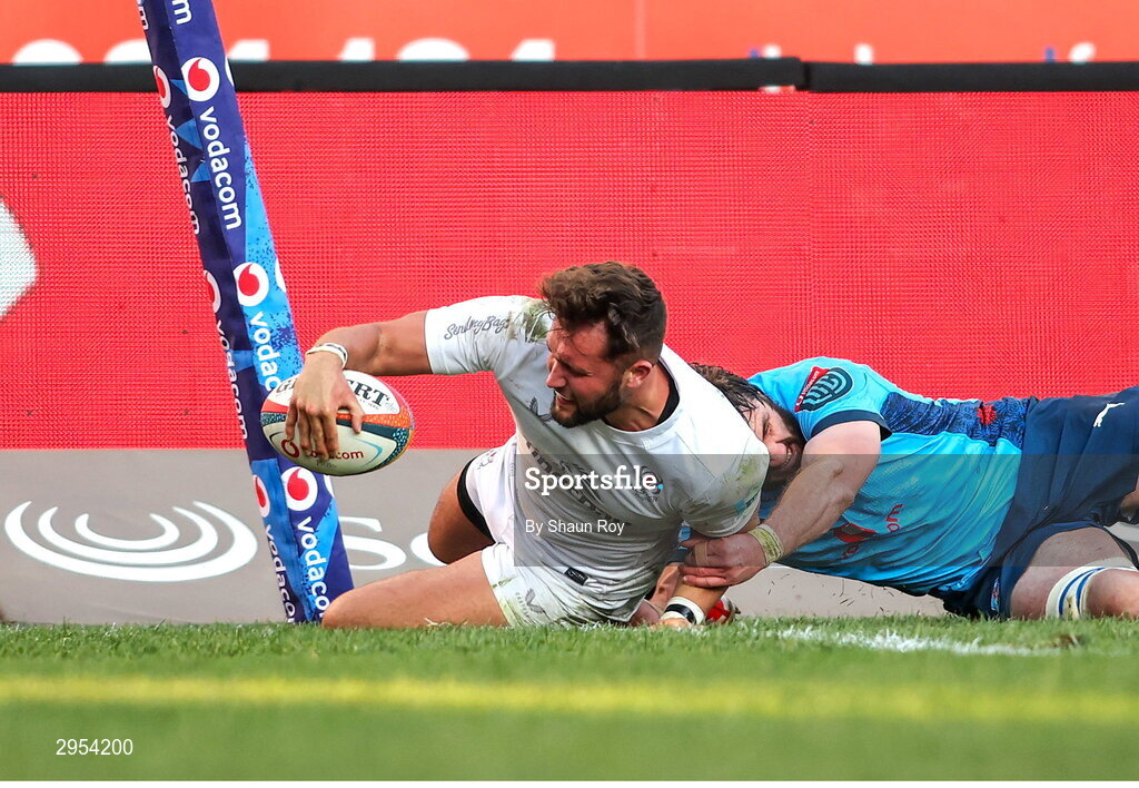 5 October 2024; Ben Carson of Ulster dives over to score a try during the United Rugby Championship match between Vodacom Bulls and Ulster at Loftus Versfeld Stadium in Pretoria, South Africa. Photo by Shaun Roy/Sportsfile