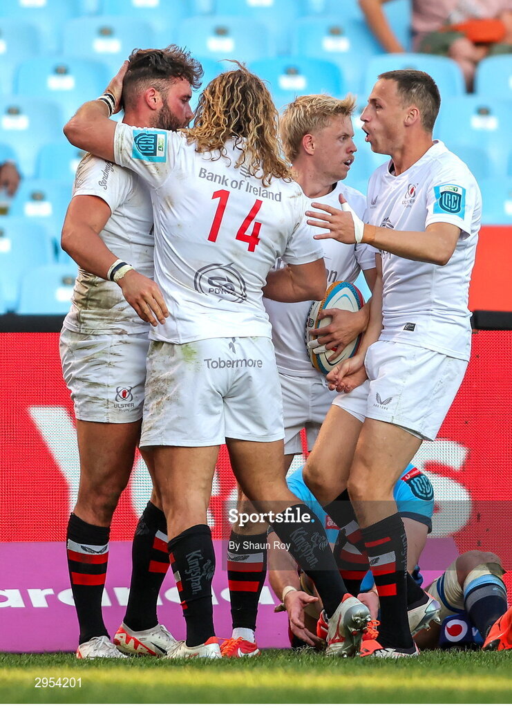 5 October 2024; Ben Carson of Ulster is congratulated by his teammates after scoring a try during the United Rugby Championship match between Vodacom Bulls and Ulster at Loftus Versfeld Stadium in Pretoria, South Africa. Photo by Shaun Roy/Sportsfile