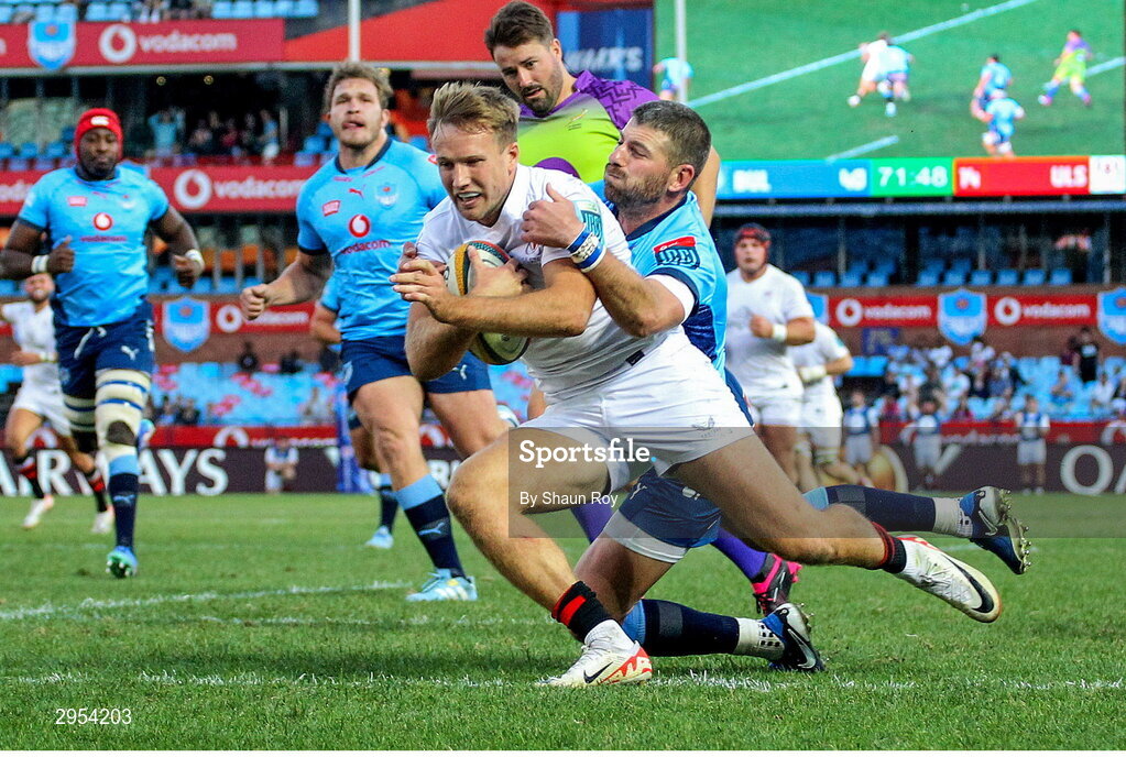5 October 2024; Stewart Moore of Ulster dives over to score a try during the United Rugby Championship match between Vodacom Bulls and Ulster at Loftus Versfeld Stadium in Pretoria, South Africa. Photo by Shaun Roy/Sportsfile