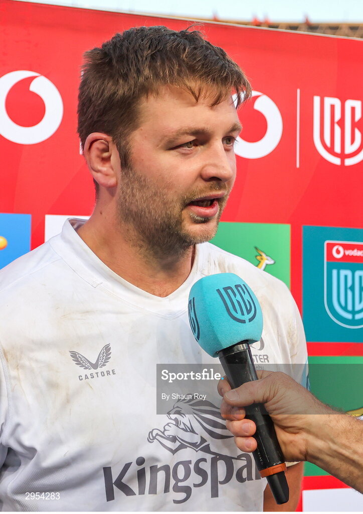 5 October 2024; Ulster captain Iain Henderson is interviewed after the United Rugby Championship match between Vodacom Bulls and Ulster at Loftus Versfeld Stadium in Pretoria, South Africa. Photo by Shaun Roy/Sportsfile
