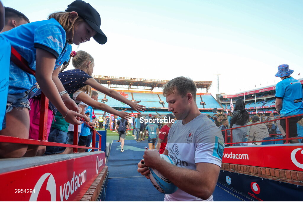 5 October 2024; Stewart Moore of Ulster signs an autograph for a young fan after the United Rugby Championship match between Vodacom Bulls and Ulster at Loftus Versfeld Stadium in Pretoria, South Africa. Photo by Shaun Roy/Sportsfile