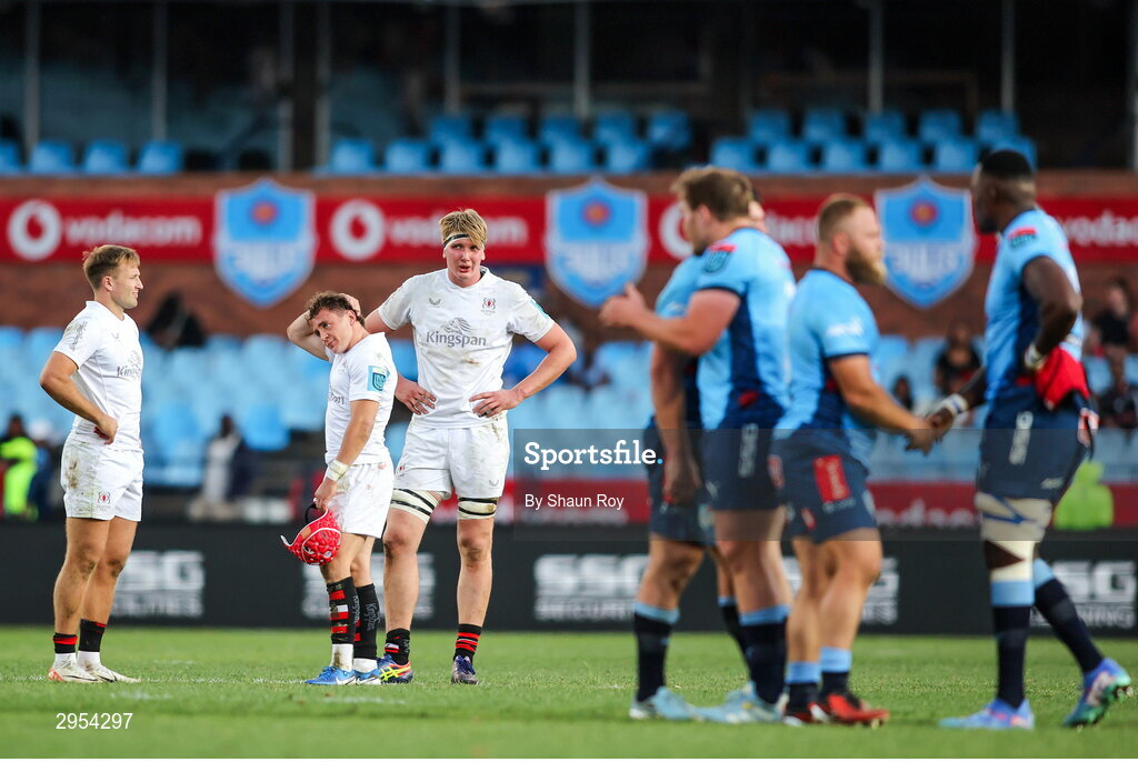 5 October 2024; Ulster players react after their side's defeat in the United Rugby Championship match between Vodacom Bulls and Ulster at Loftus Versfeld Stadium in Pretoria, South Africa. Photo by Shaun Roy/Sportsfile